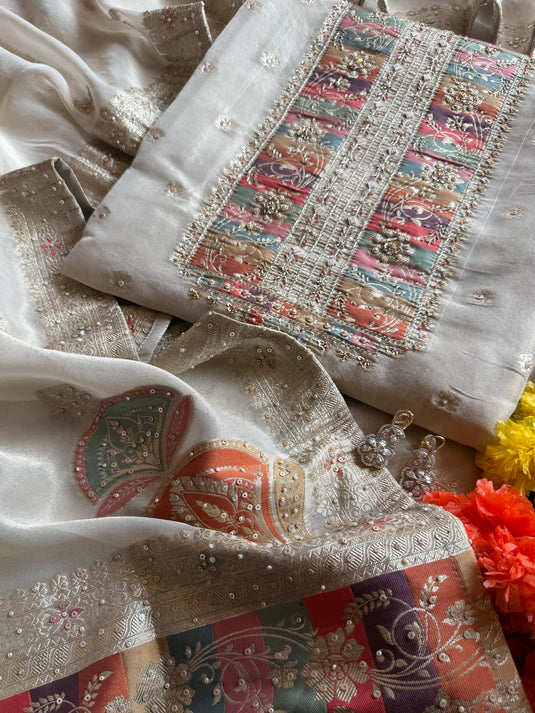 Ivory sabyasachi inspired pure tissue silk suit set