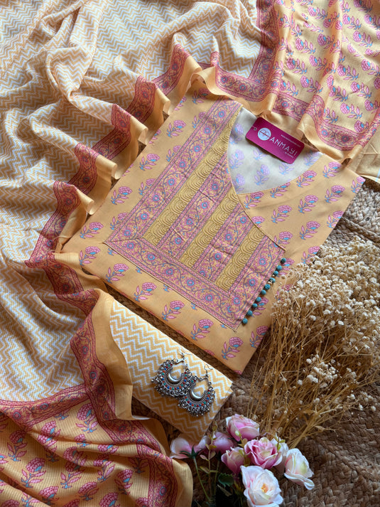 Pure Cotton Angrakha Neck block print cotton suit set