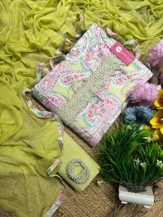 Lime neon kani print cambric cotton suit with chiffon dupatta
