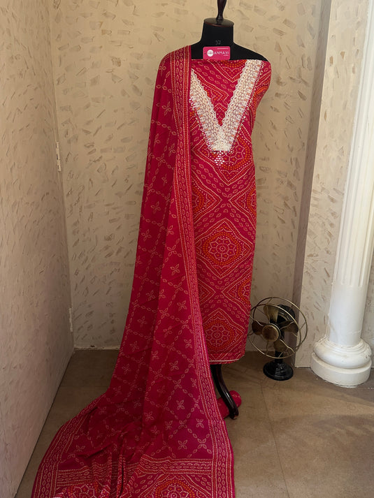 Pure cotton Bandhani v neck suit set