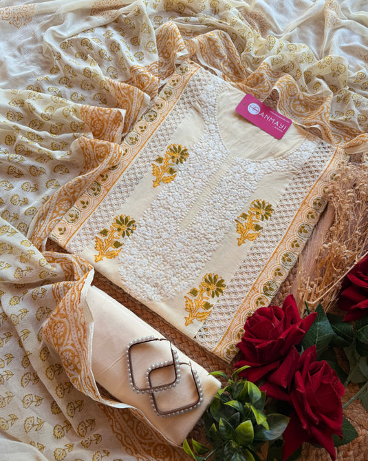Block print embroidery neck suits with pure chiffon dupatta