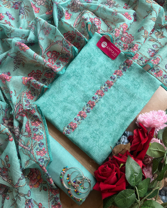 Linen suit set with printed Kantha embroidered dupatta