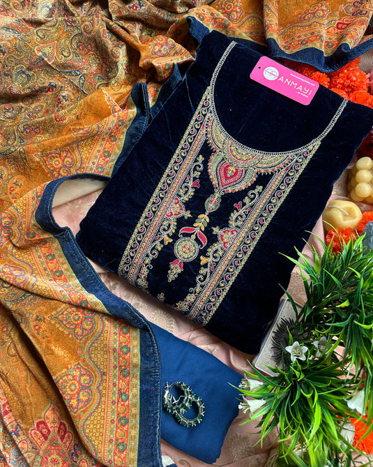 Dori work velvet suit sets with digital print shawls