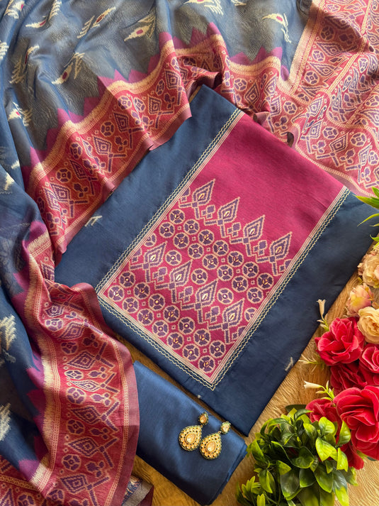 Chanderi silk boho print pita highlights suit set