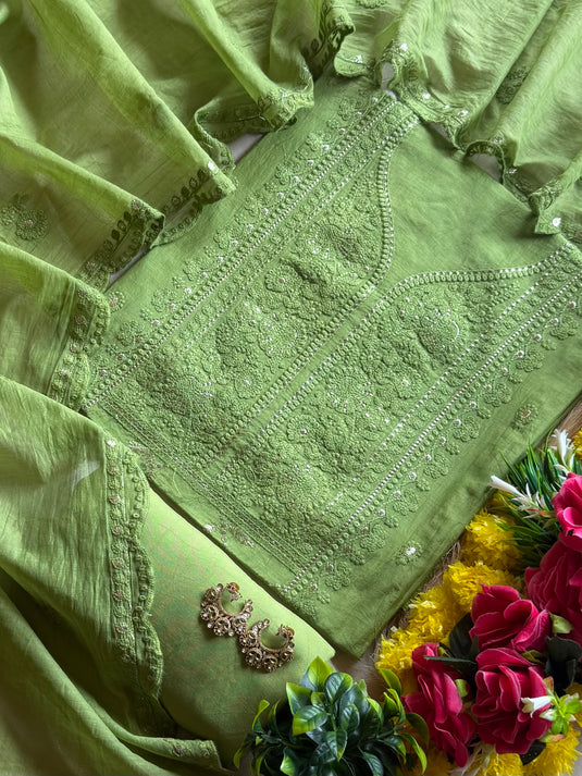 Panel pita work embroidered Mul Chanderi suit set