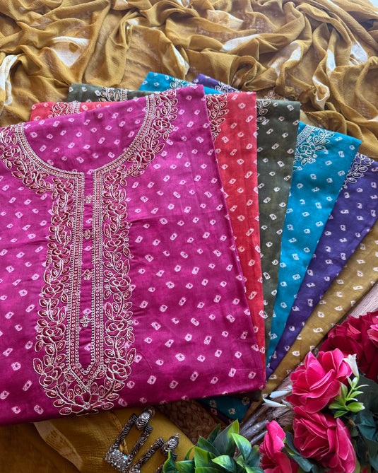 Bandhej print Dori kurta neck Cambric cotton suit set