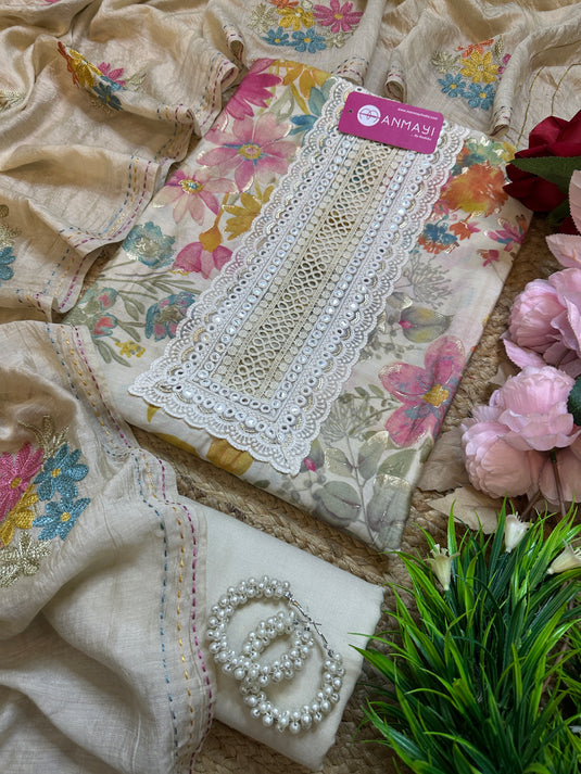 Coloured floral modal suit with embroidered cotton silk dupatta