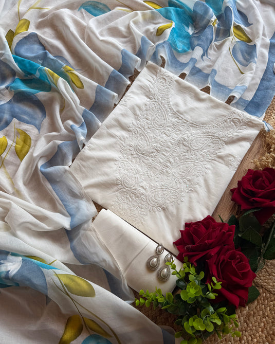 Cotton Chikankari neck with handpaint mul dupatta