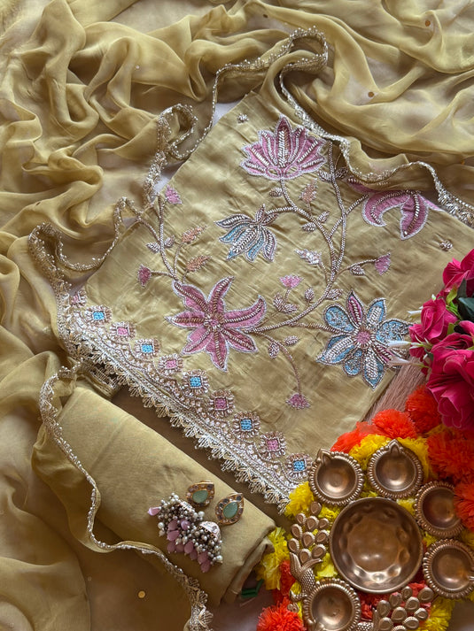 Floral platter embroidered glass organza suit set