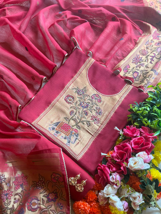 Golden elephant motif burnt red Jamdani silk suit set