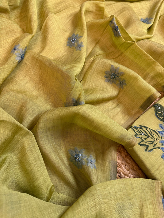 Pure Maheshwari lime French knot work suit set