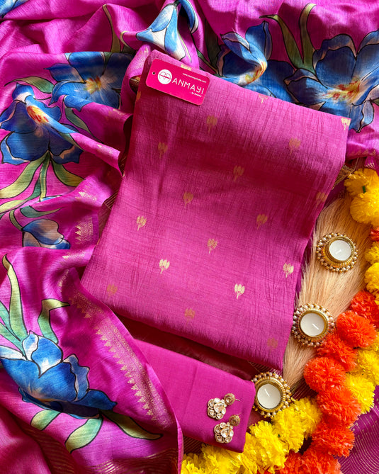 Moonga silk festive banarasi suit with handprint dupatta