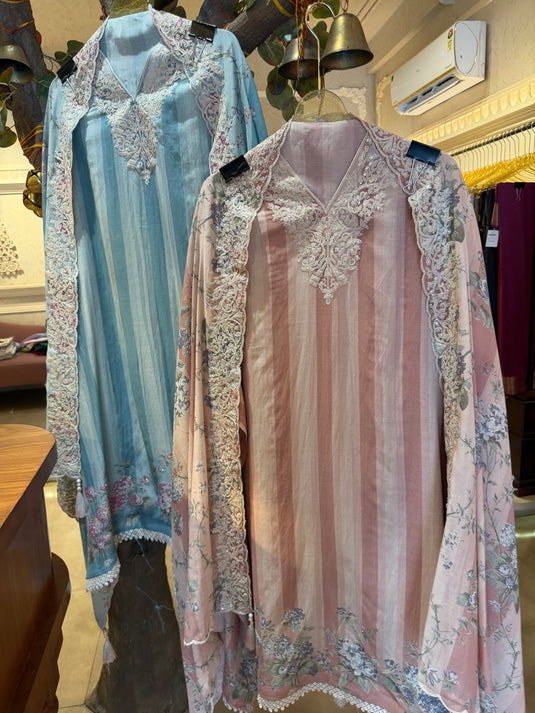 Stripy pure Mul pastel suit set with Dori weave and floral dupatta