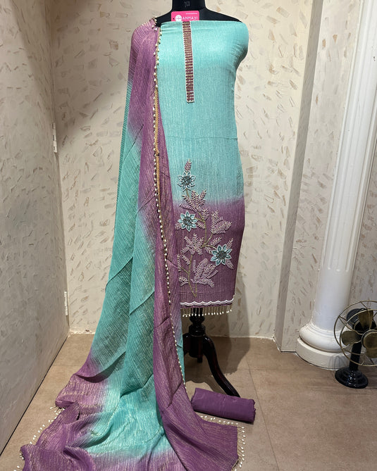 Crushed tissue ombré effect pearl embroidered suit set with tassel lace