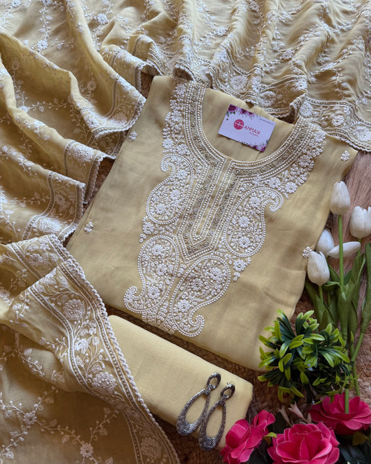 White dori work soft mul chanderi suit set