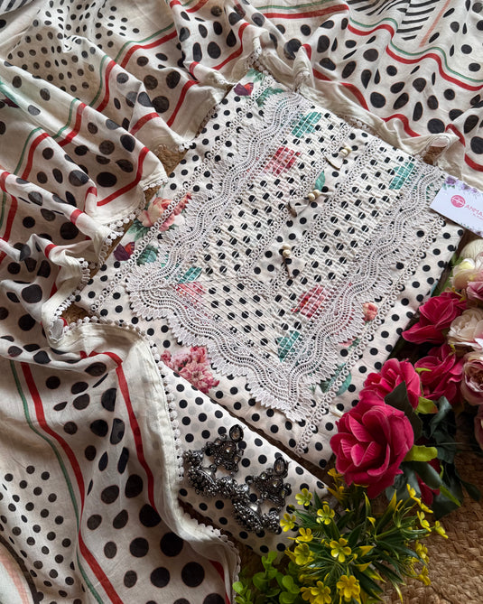 Digital flowers polka dots mul cotton Pakistani suit set