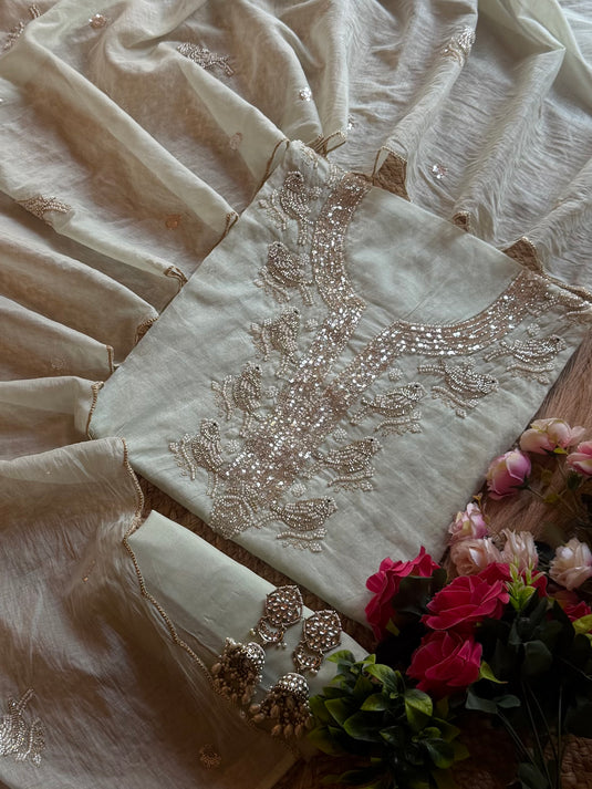 Embroidered chiraiya Mul Chanderi suit set