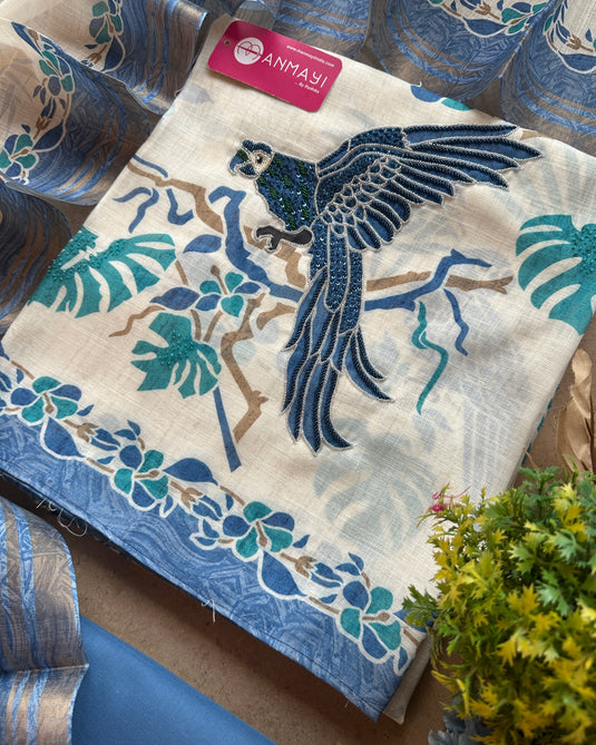 Pure linen combination embroidered birdie suit set