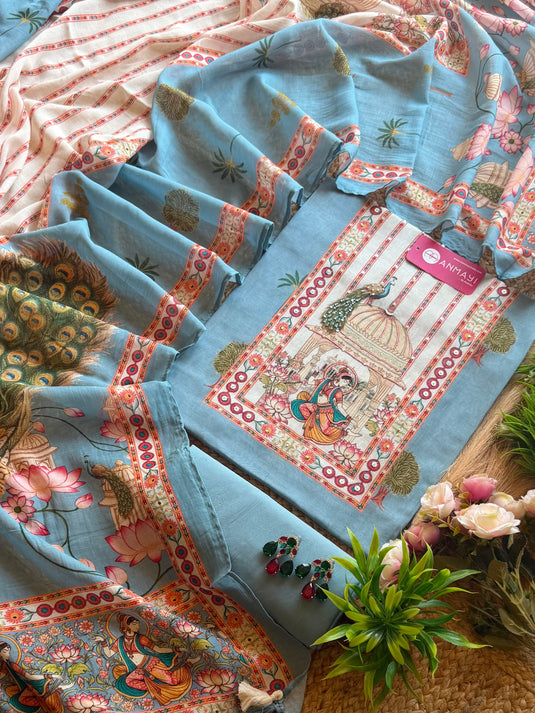 Digital art mul cotton suit set with tassel dupatta