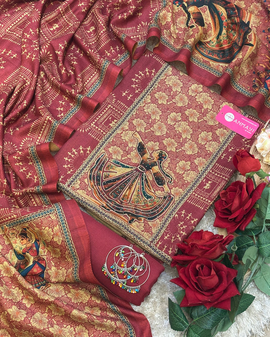 Warli art soft spun pashmina suit set