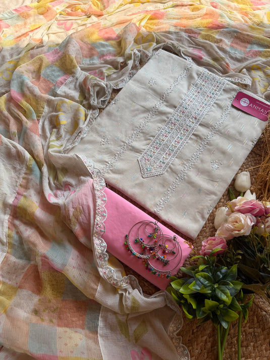 Cotton coloured silver weave suit with chiffon printed dupatta