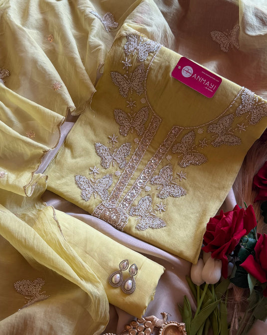 Hand Embroidered butterfly Mul Chanderi suit set
