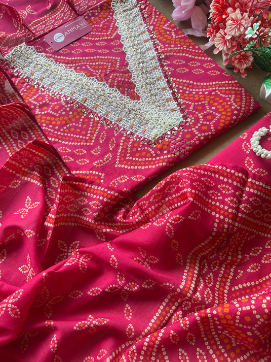 Pure cotton Bandhani v neck suit set