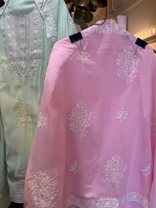 White Dori pattern work pure mul cotton suit set