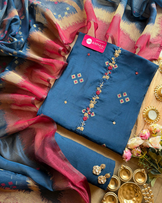 Jamdani combination gold weave french knot work cotton silk suit set