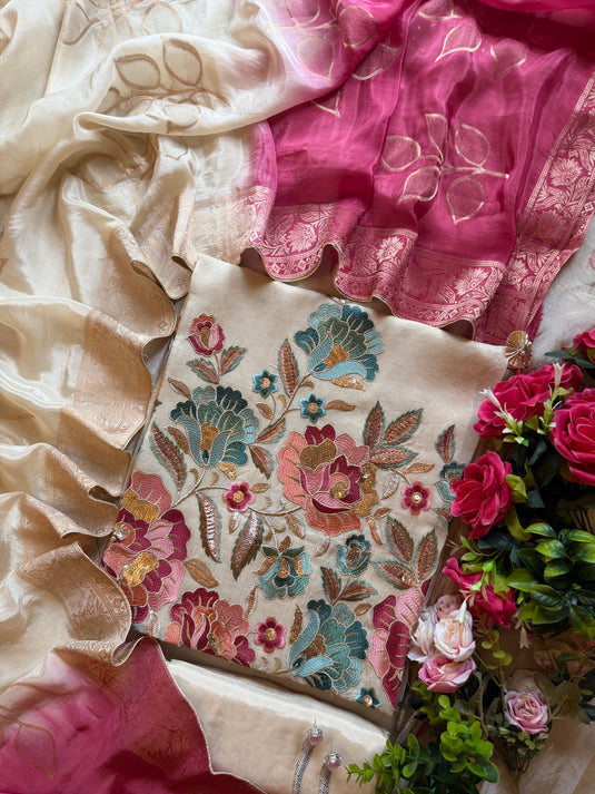 Shimmer silk patched embroidery ivory gold suit set
