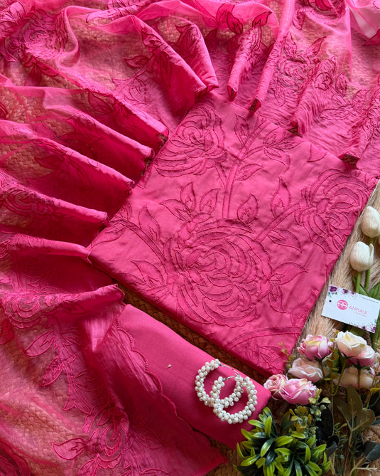 Cutwork organza bright Mul Chanderi suit set