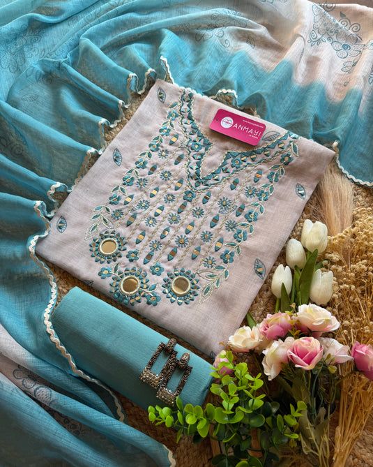 Fine linen real mirror neck ombre suit set