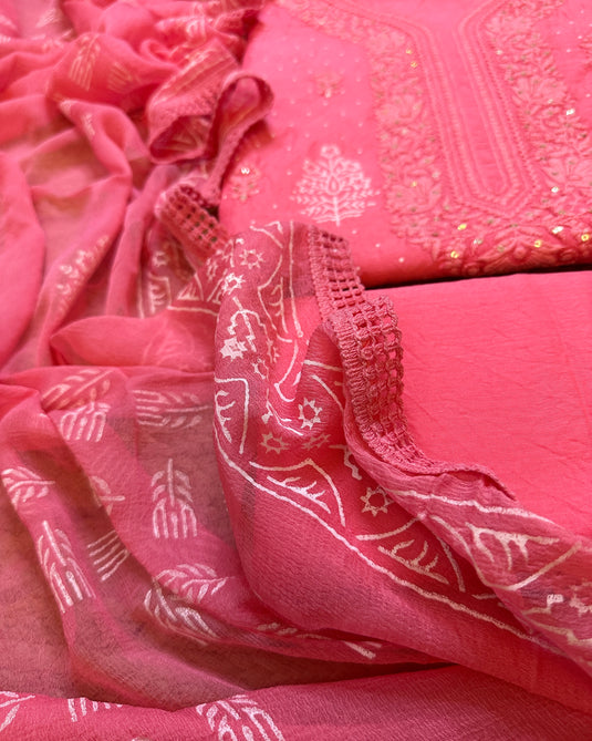 Lucknawi Chikankari pure cotton block print suit with chiffon dupatta