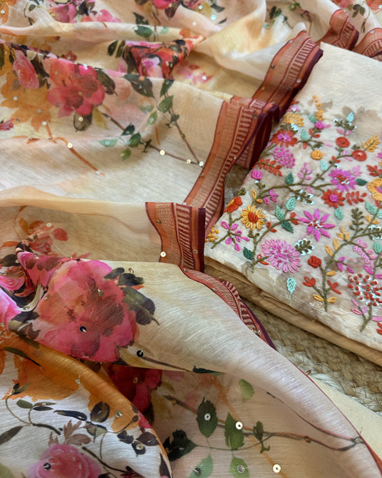 Soft Chanderi French knot work suit sets with highlights print dupatta