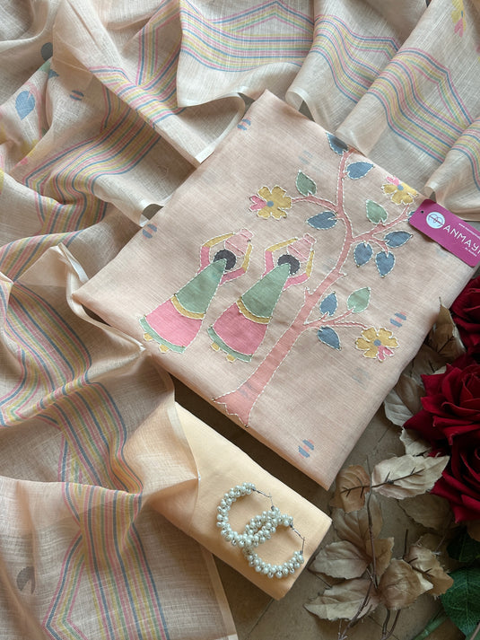 Village theme linen suits with Kantha work with cotton bottom