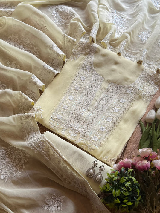 White Dori pattern work pure mul cotton suit set