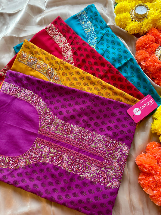 Soft organic lizi bizi cotton machine embroidered suit set with chiffon dupatta
