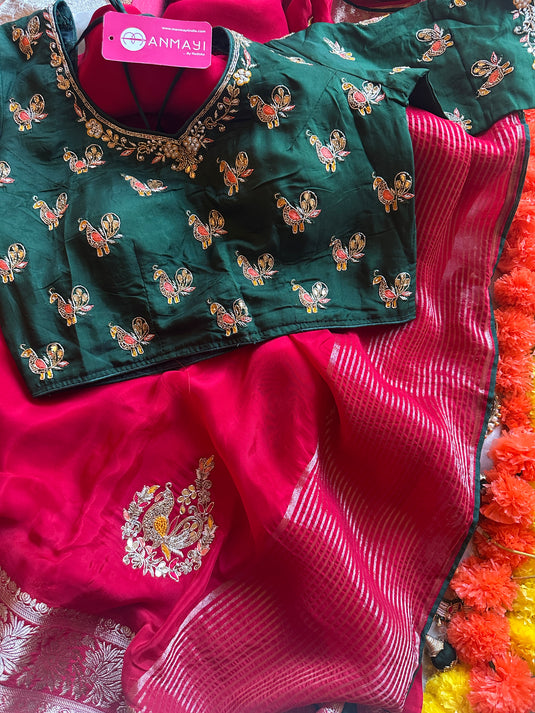 Russian silk embroidered saree with raw silk embroidered bottle green blouse