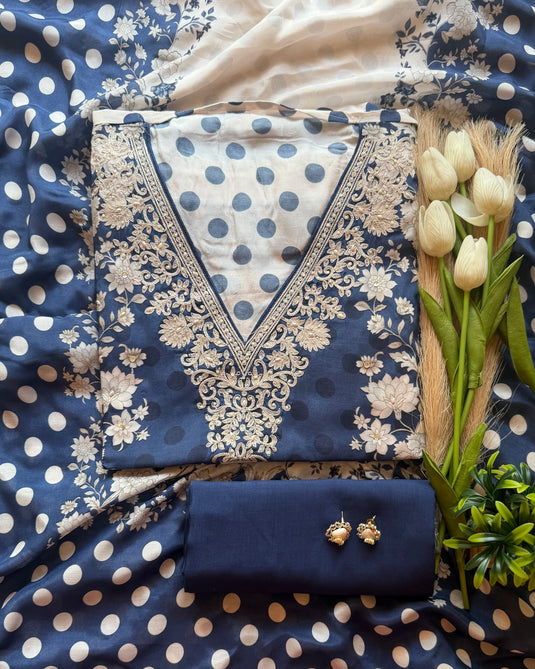 Polka dots floral fusion pure muslin suit  set