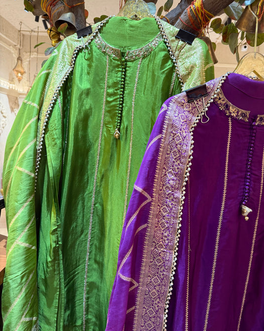 Upada Silk gotta work semi stitched suit set with banarasi dupatta