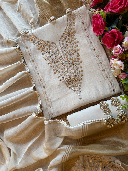 Paper mirror gold border ivory Jamdani suit set