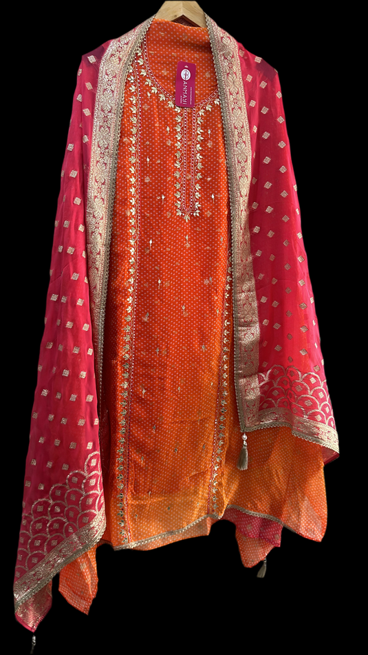 Shaded bandhani print pure organza suit with Banarasi dupatta