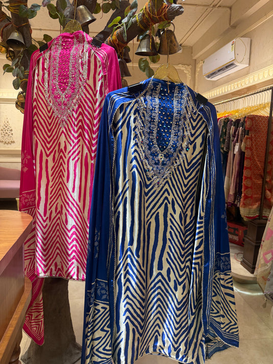Abstract print Gajji silk suit set with mirror work neck