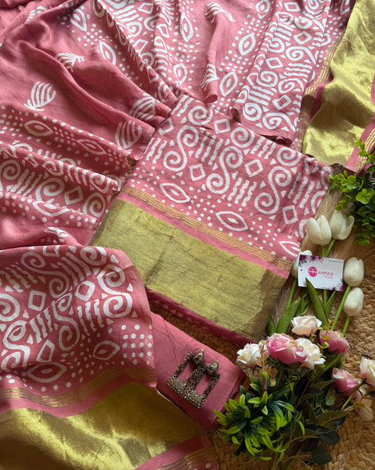 Muslin cotton batik print Zari weave suit set