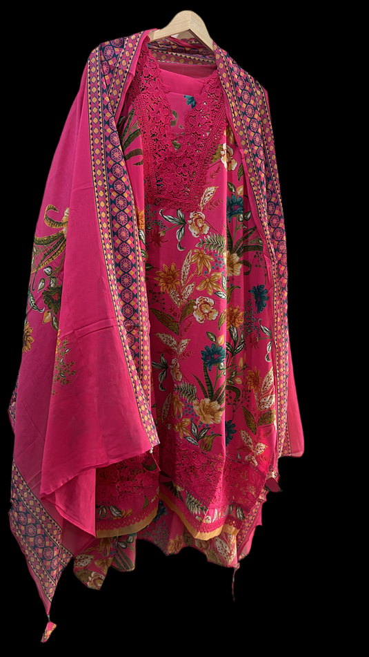 Pakistani crochet laces suit in pure cotton floral pattern