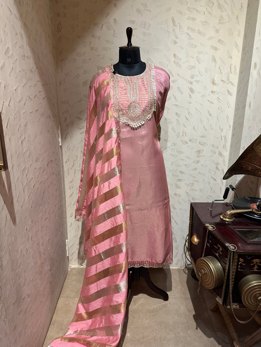 Shimmer Chanderi pastel kurta neck suit set