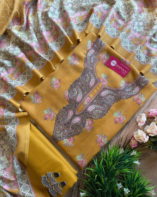 Aari work leafy print spun shawl suit set