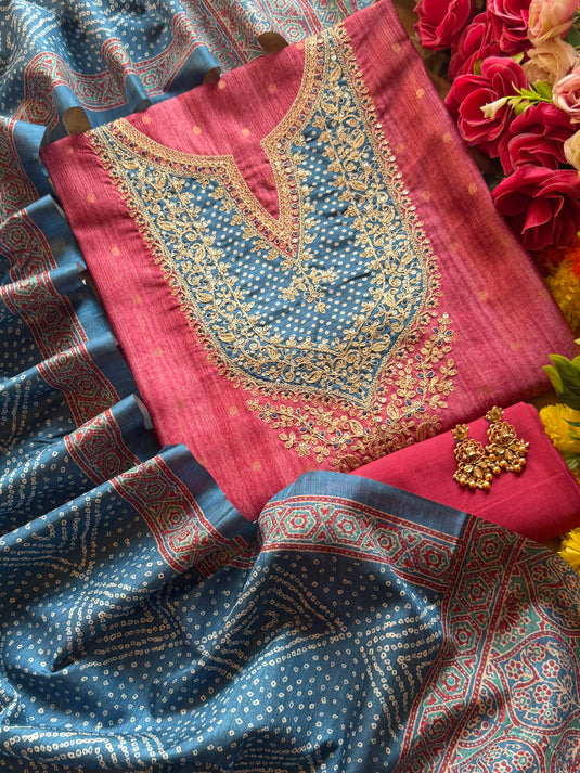 Patched bandhani Dori art Tussar silk suit set