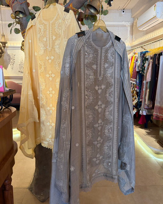 Panel Embroidered pure Mul cotton suit set
