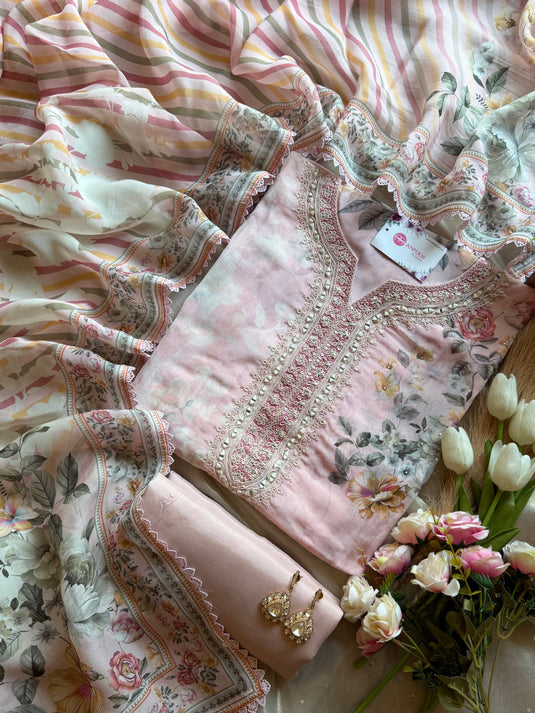 Pastel pure organza garden print suit set